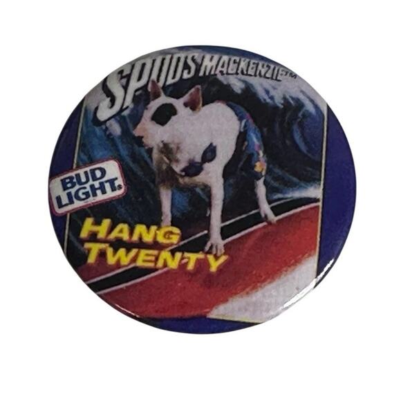 Vintage 1987 Button Up Spuds Mackenzie Hang Twenty Bud Light Pinback Button - Picture 1 of 7